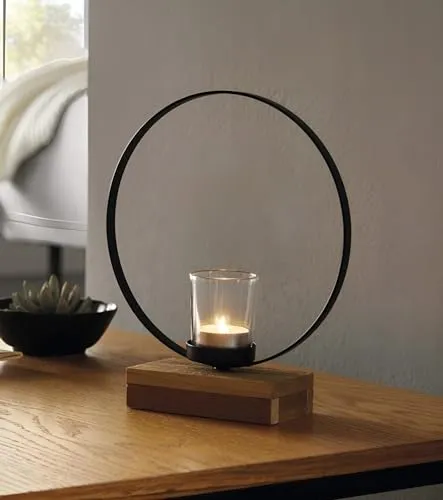 Windlicht Ringe aus Metall - Modernes Teelicht-Design - Teelichthalter aus mattschwarz lackiertem Metall mit stabilen Sockel aus recyceltem Holz. Erhältlich für 1 oder 3 Teelichter, ideal für stilvolle Deko.
