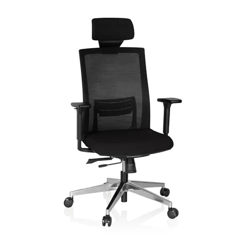 hJh-OFFICE Bürostuhl CAPTIVA - Schwarz mit Kopfstütze - Bürostuhl mit höhenverstellbarer Kopfstütze und Lordosenstütze, ideal für langes Sitzen bis 120 kg. Ergonomisches Design mit atmungsaktivem Netzbezug für optimalen Komfort.