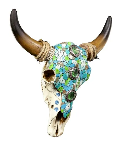 Figuren Shop GmbH Wanddekoobjekt Wandrelief - Rinderschädel mit Mosaik - Fantasy Deko Wilder Westen