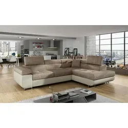 nabbi Ecksofa Almero P - Cappuccino/Beige mit Stauraum - Das stilvolle Ecksofa Almero P vereint Funktionalität und Design. Mit einer praktischen Klappfunktion und geräumigem Stauraum ist es ideal für Ihr Wohnzimmer. Verstellbare Kopfstützen sorgen für zusätzlichen Komfort.