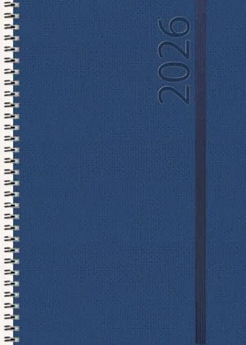 Buchkalender Wochentimer Spirale dunkelblau 2026: Terminplaner groß. DIN A5 Terminkalender Ringbuch mit Wochenkalender und Gummiband.