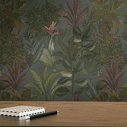 Vliestapete Dschungel Dunkelgrün Bordeaux - Botanische Tapete für Wohnzimmer & Schlafzimmer - Hochwertige Vliestapete im Dschungel-Design, perfekt für alle Wohnräume. Nachhaltig produziert, einfach anzubringen und verleiht jedem Raum einen einzigartigen Eyecatcher.