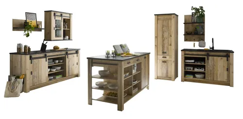 Furn.Design Küchenbuffet Stove - 7-teiliges Schrank-Set in Used Wood mit Soft-Close-Funktion - Buffetschränke, modernes Küchenschrank Set in trendigem Design, strapazierfähige Oberflächen und praktische Soft-Close-Funktion für leises Schließen der Türen.