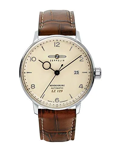 Zeppelin LZ129 Hindenburg 80625 Herren Automatikuhr - Elegantes Design - Herrenuhr mit hochwertigem Automatik-Uhrwerk, poliertem Edelstahlgehäuse und edlem braunem Lederarmband in Kroko-Optik. Wasserdicht bis 5 bar für Alltag und Freizeit.