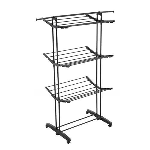 Meisterhome® Klappbarer Wäscheständer Wäscheturm Effizientes Trocknen mit 3 Ebenen, 2 Seitenflügeln - 24m Trockenleinenlänge - Platzsparend, vielseitig und mobil für drinnen und draußen – Schwarz