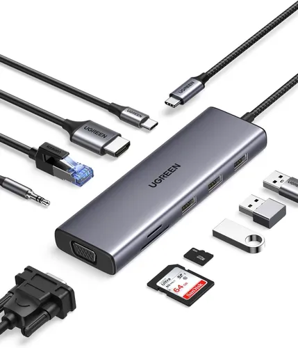 UGREEN Revodok 10-IN-1 USB-C Hub, Dual Display Unterstützung - USB-Hub mit 10 Anschlüssen, unterstützt Dual-Display und bietet eine schnelle PD100W Ladefunktion für vielseitige Nutzung.