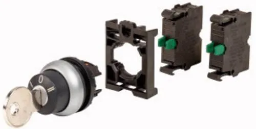 Eaton 110919 M22-WS3-2K10-BVP Schlüsseltaster - Betätiger mit schwarzem Kunststoff-Frontring, ideal für sichere Steuerung und Zugangskontrolle in industriellen Anwendungen.