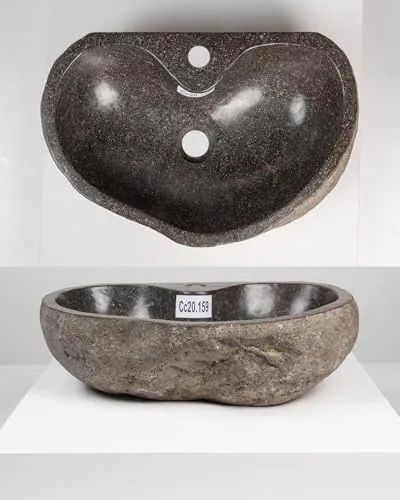 Naturstein Waschbecken 50 cm mit Hahnloch - Unikat aus Flussstein - Einzigartiges Naturstein Waschbecken, handgefertigt aus Flussstein. Die polierte Innenseite und die naturbelassene Außenseite machen es zum Blickfang in jedem Badezimmer. Pflegeleicht und individuell in Marmorierung und Struktur.