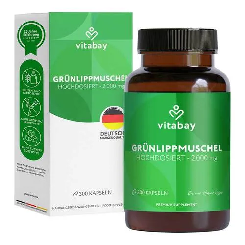 Vitabay GRÜNLIPPMUSCHEL 2000 mg - Hochdosierte Kapseln für Ihre Gelenke - Arzneimittel mit 2000 mg GRÜNLIPPMUSCHEL pro Kapsel, unterstützt die Gelenkgesundheit und ist ideal für aktive Menschen.