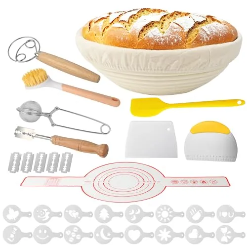 Produktbild 10-teilig Gärkorb Brot Set, 23cm Gärkörbchen zum Brotbacken, Sauerteig Starter Set, Einschließlich Teigschaber und Ölpinsel, Brotbackset Brot backen Gärkorb für Anfänger