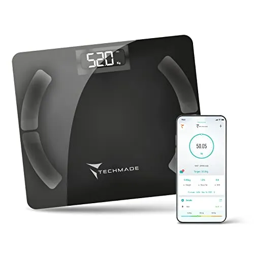 Techmade Digitale Personenwaage – Impedanzwaage mit App, Körperanalyse, kabellos, für iOS/Android, Fett- & Muskelmasse, BMR, Schwarz