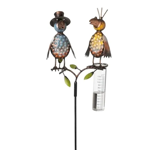 mucHome Regenmesser mit Glas Rabe aus Metall - Regenmesser und Gartenstecker, 120 cm hoch, bunt lackiert für farbenfrohe Gartendekoration und wetterbeständig aus Metall für den Außeneinsatz.