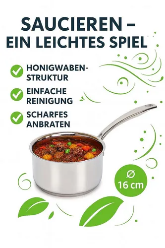 Morleos Kochtopf Ø 16 cm 1,7 Liter Waben-Keramik Stielkasserolle mit Glasdeckel, Keramikbeschichtung mit Wabenstruktur aus Edelstahl (moderner flacher Glasdeckel mit Dampfloch, Pro Performance 3.0), kratzfeste Antihaft Keramikbeschichtung