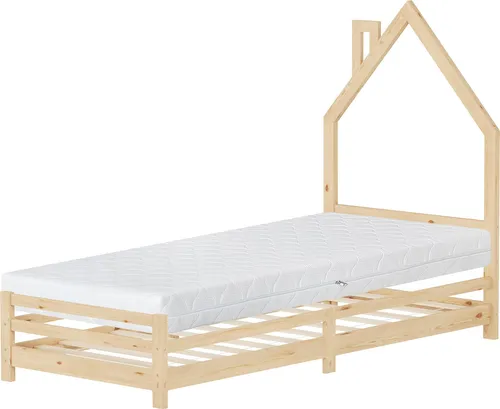 ML-DESIGN Spielbett Hausbett Holzbett 90x200cm - Kinderbett aus massivem Kiefernholz in Hausform, inklusive Lattenrost und Matratze, ideal für kreative Träume und sicheren Schlaf – perfekt für kleine Abenteurer!