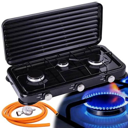 Gaskocher 3-flammig Campingkocher – Ideal für Outdoor-Aktivitäten - Gaskocher für Camping und Baustellen, mit 3 Brennern (5,5 kW Gesamtleistung) und abnehmbarem Topfständer. Leicht, stabil und kompakt – perfekt für jedes Abenteuer im Freien.