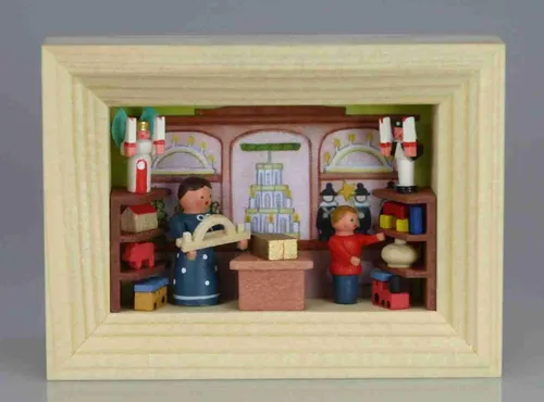 Weihnachtsdekoration Miniatur im Rähmchen - Figuren, handgefertigte Holzdekoration für festliche Stimmung, ideal für Sammler und Liebhaber von nostalgischem Weihnachtsschmuck.