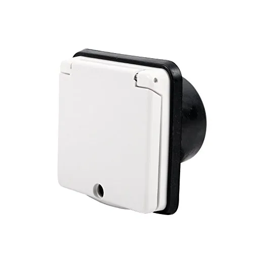Vorzeltsteckdose 220V weiß 9 x 9 mit Deckel - Zubehör für Wohnmobilzelte – Praktische Vorzeltsteckdose mit Gummiabdichtung IP44 für sichere Stromversorgung im Außenbereich. Ideal für Toaster und Heizstrahler, kein Verlängerungskabel nötig!