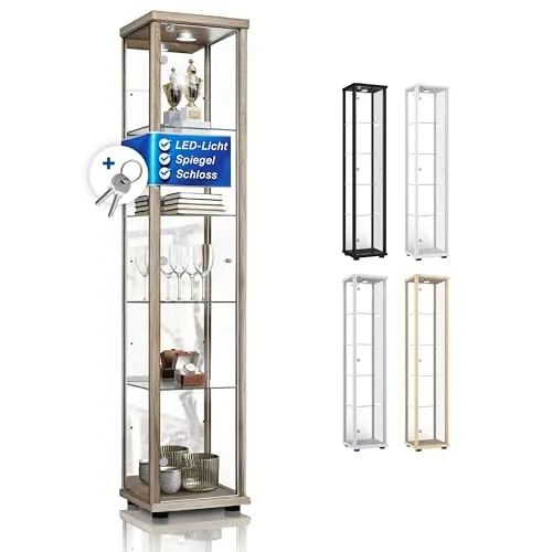 K-Möbel Sammlervitrine - Stilvolle Glasvitrine mit LED-Beleuchtung - Glasvitrine für stilvolle Präsentation Ihrer Sammlerstücke, ausgestattet mit 4 höhenverstellbaren Glasböden, Schloss und LED-Beleuchtung. Ideal für Bücher, Modelle und mehr.
