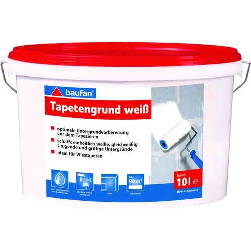 baufan® Grundierfarbe Tapetengrund 10L – lösungsmittelfrei - Lösungsmittelfreier Tapetengrund 10 L von Baufan. Ideal zur Vorbereitung von mineralischen Untergründen für gleichmäßig saugende Flächen. Perfekt für helle Vliestapeten und Renovierungen.