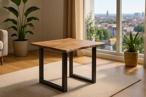 SAM Esszimmertisch 80x80 cm Laurina, Baumkantentisch aus Akazienholz, massiv + stonefarben, U-Metallgestell Schwarz, Esstisch mit echter Baumkante