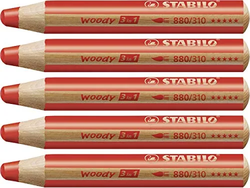 STABILO woody 3 in 1 - 5er Pack in carminrot - Schreibutensilien: Buntstift, Wasserfarbe und Wachsmalstift in einem – hohe Deckkraft und ideal für kreative Projekte auf verschiedenen Oberflächen!