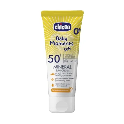 Chicco Mineralische Sonnencreme LSF 50+, für Kinder, wasserfest, ausgezeichneter Schutz gegen UVA, UVB und Infrarot, 0 Monate, 75 ml