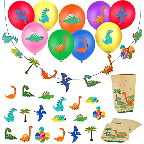 Oblique Unique® Dino Deko Set Kinder Geburtstag Jungs Kinderzimmer - Dinosaurier Ballons + Girlande + Geschenktüten + Konfetti