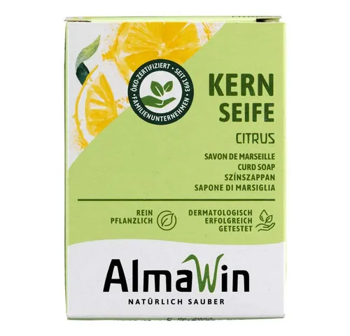 AlmaWin Kernseife Citrus 100g - Pflanzliche Seife für basische Körperreinigung, ohne synthetische Zusatzstoffe. Vielseitig im Haushalt einsetzbar und ideal für nachhaltige Pflege.