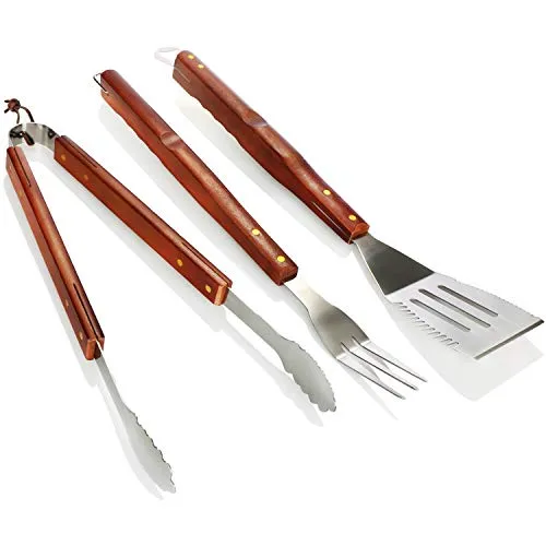 COM-FOUR® 3-teiliges Premium Grillbesteck mit Holzgriff - Grillzange, Grillwender und Grillgabel aus rostfreiem Stahl - BBQ Grillzubehör mit Holzgriff - Geschenk für Männer (03-tlg. braun - Holzgriff)