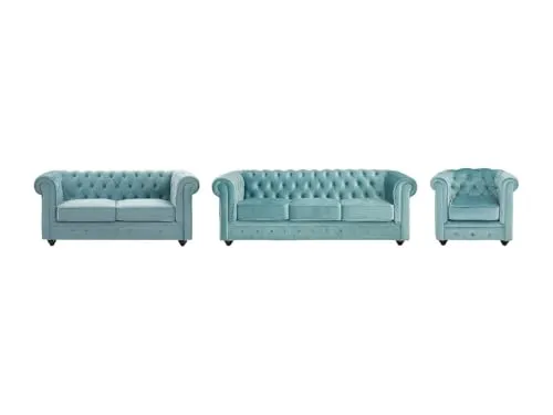 Vente-unique-Sofa 3-Sitzer & 2-Sitzer & Sessel - Samt - Pastellblau - Chesterfield