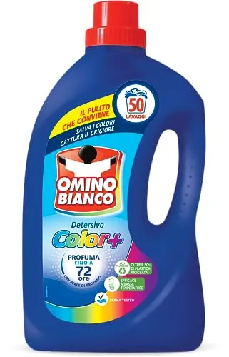 Omino Bianco - Flüssigwaschmittel Color+, 50 Waschgänge, speziell für farbige Kleidungsstücke, Technologie spart Farben und fängt Grau ein, 2000 ml