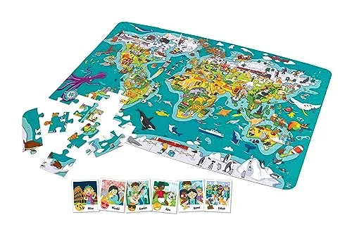 Puzzle und Spiel 2 in 1 Weltreise - Gesellschaftsspiel für kreative Entdecker, inklusive 100-teiligem Puzzle und Holzfiguren für interaktive Länderreisen.