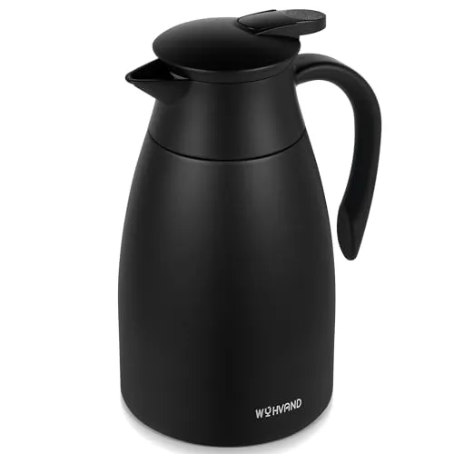WYHVAND Thermoskanne 1,5 l aus Edelstahl, Isolierkanne, Schwarz | Hält lange warm oder kalt, staub- und auslaufsicherer Deckel, Einhandbedienung per Druckknopf, ideal für Zuhause und Büro