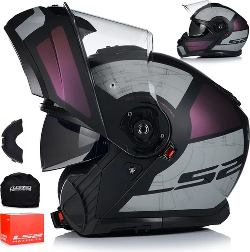 LS2 FF908 Strobe II Orion Klapphelm - Matt Schwarz/Lila/Blau - L - Modularer Motorradhelm mit 90° drehbarem Kinnbügel, ideal für Pendler und Tourenfahrer. Komfortable Passform dank 3D-lasergeschnittener Polsterung und kratzfestem Visier.