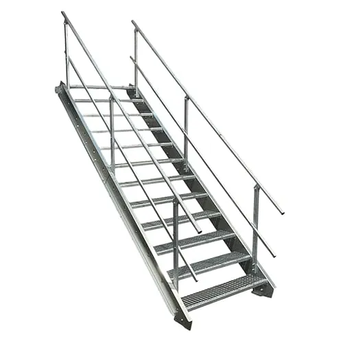 Stufen Stahltreppe mit beidseitigem Geländer 90cm - Robuste Außentreppe mit 12 Stufen, ideal für Geschosshöhen von 180-240cm, inklusive Zubehör für einfache Montage und hohe Stabilität.
