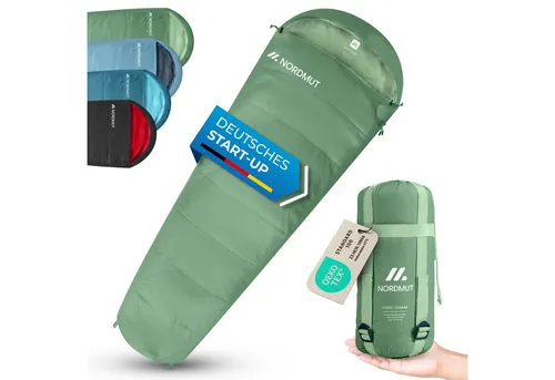 NORDMUT® Schlafsack Erwachsene – Ultraleicht & Kompakt für Outdoor - Mumienschlafsack für Camping und Festivals, mit nur 900g und einem Packmaß von 15x30cm ideal für unterwegs. Genießen Sie flauschig warme Nächte bei 15-20°C!