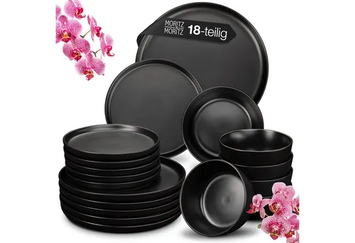 Moritz & Moritz Tafelservice NORDIC 18tlg Geschirrset Schwarz für 6 Personen - Tafelservice aus hochwertigem Steinzeug, spülmaschinen- und mikrowellengeeignet, ideal für festliche Anlässe und den täglichen Gebrauch.