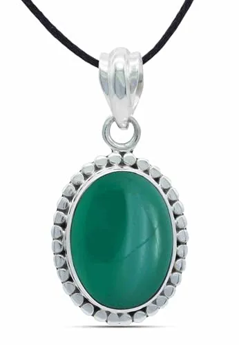 mantraroma Kettenanhänger 925 Silber mit grünem Onyx - Eleganter Damenanhänger aus 925er Sterlingsilber mit einzigartigem, handgefertigtem grünen Onyx. Verstellbares Baumwollband für individuelle Längenanpassung.