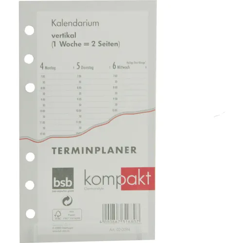 bsb Kalendereinlagen 02-0094, Kompakt A6 – 1 Woche auf 2 Seiten