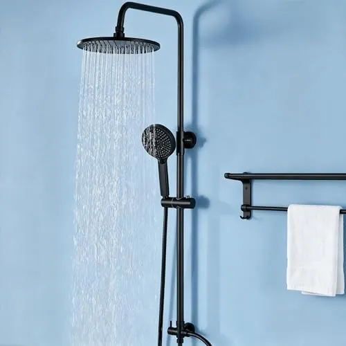 Auralum Regendusche ohne Armatur, Schwarz Duscharmatur mit Ø 250 mm Runder Regendusche, 4 Strahlarten Duschkopf und Höhenverstellbarer Duschstange, Duschsystem Set ohne Armatur ideal zum Nachrüsten