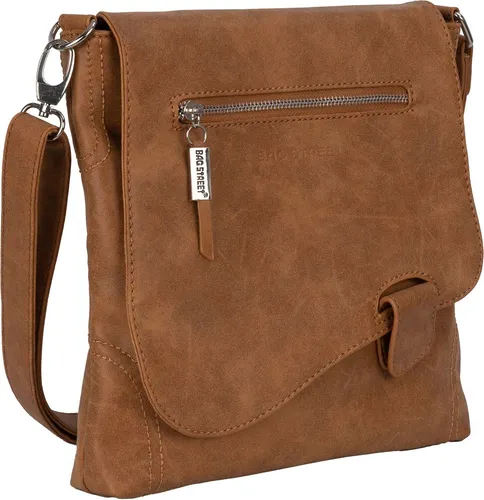 Bag Street Damentasche T0104 COGNAC - Umhängetasche aus hochwertigem Wildkunstleder im Used-Look, mit verstellbarem Schulterriemen und mehreren Fächern für optimale Organisation – ideal für den täglichen Gebrauch.