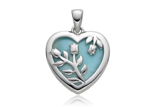 Cavill Larimar Herzanhänger 5,53 Karat Larimar aus Dominikanischer Republik in 925 Sterlingsilber, eleganter Herz-Cabochon Anhänger mit Rosenzweig-Design, Blau-Silber
