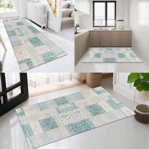 OFOFNG Läufer Flur Küche Waschbar rutschfest 40X90cm Marokkanisches Blau Grau Lang Küchenteppich Flurteppich Teppich Fur Korridor Wohnzimmer Schlafzimmer Meterware Anpassbar