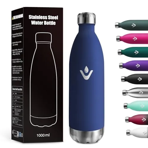 Trinkflasche Edelstahl 1L, BPA-Frei, Auslaufsicher Isolierflasche, Vakuum Thermosflasche, Trinkflasche Kohlensäure Geeignet, Wasserflasche für Laufen, Büro, Schule, Gym, Sprudel, Camping, Yoga
