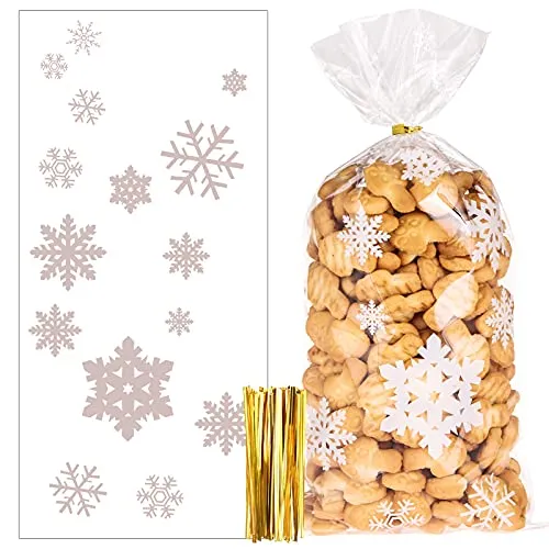 Stück Schneeflocke Weihnachten Plätzchentüten, Cellophantüten Transparent Candy Bar Süßigkeiten Tüten mit Twist Krawatten für Bonbon Plätzchen 100
