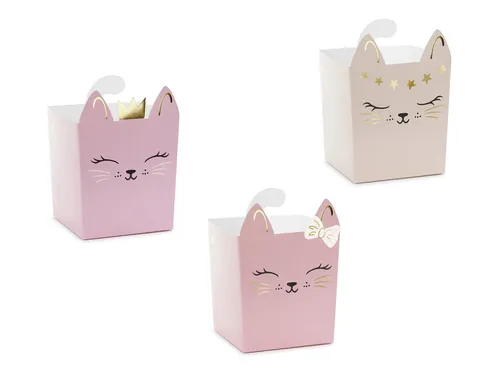 partydeco Einweggeschirr-Set, Papier, Snackbox Kinder 14x10cm Katzen Motiv 3er Set Hellrosa / Rosa