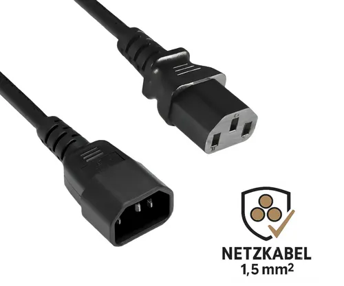 DINIC C13–C14 Kaltgeräteverlängerung 1,8 m 3×1,5 mm² VDE H05VV-F schwarz