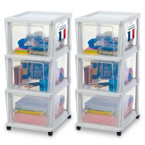 Iris Ohyama Rollcontainer Kunststoff auf Rollen, 2er-Set, 3 Schubladen, Weiß