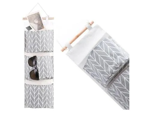 Przydasie Leinen hängende Aufbewahrungstasche, an der Wand befestigte Aufbewahrungstasche mit 3 Taschen, Zum Aufhängen über der Tür Aufbewahrungstasche, Wand-Kleiderschrank Organizer (Graue Streifen)