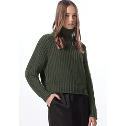 Strickpullover STREET ONE STUDIO Damen, Gr. 46, oil grün - Pullover in oil grün aus softem Baumwoll-Mix, ideal für kuschelige Winter-Outfits. Hoch geschlossener Ausschnitt und Langarm sorgen für Wärme und Komfort.